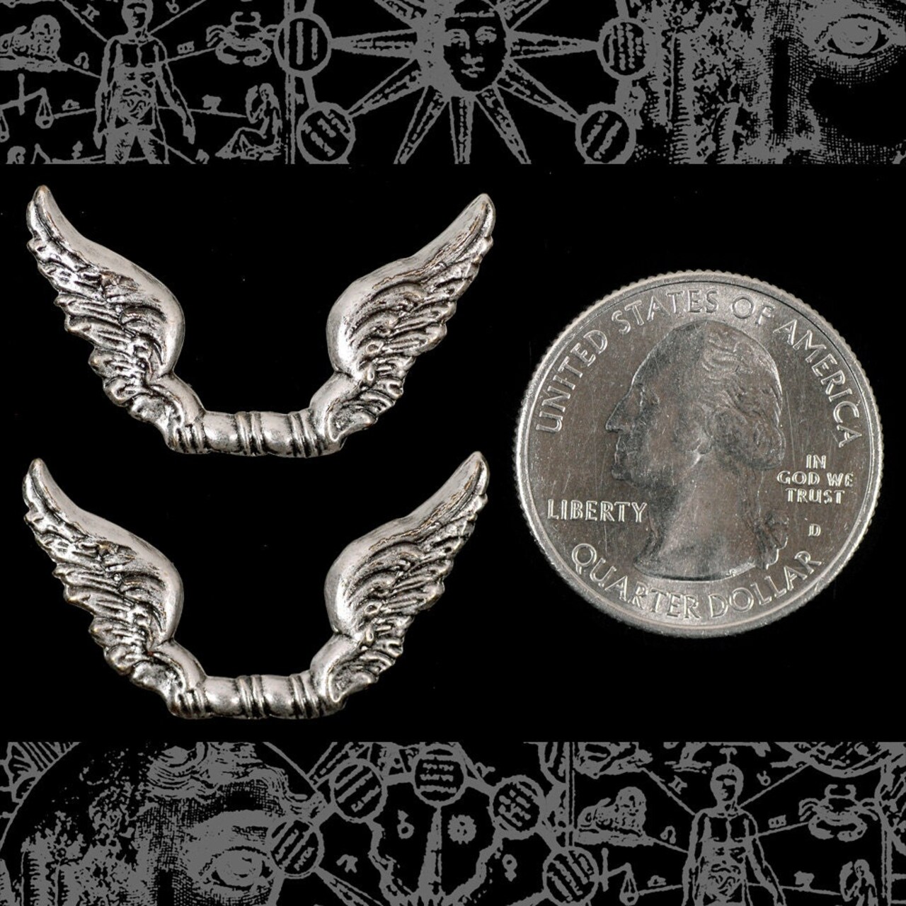 Antiqued Silver Plated Brass Joined Flared Wing Charms Pendants - Set of Two - S-C106